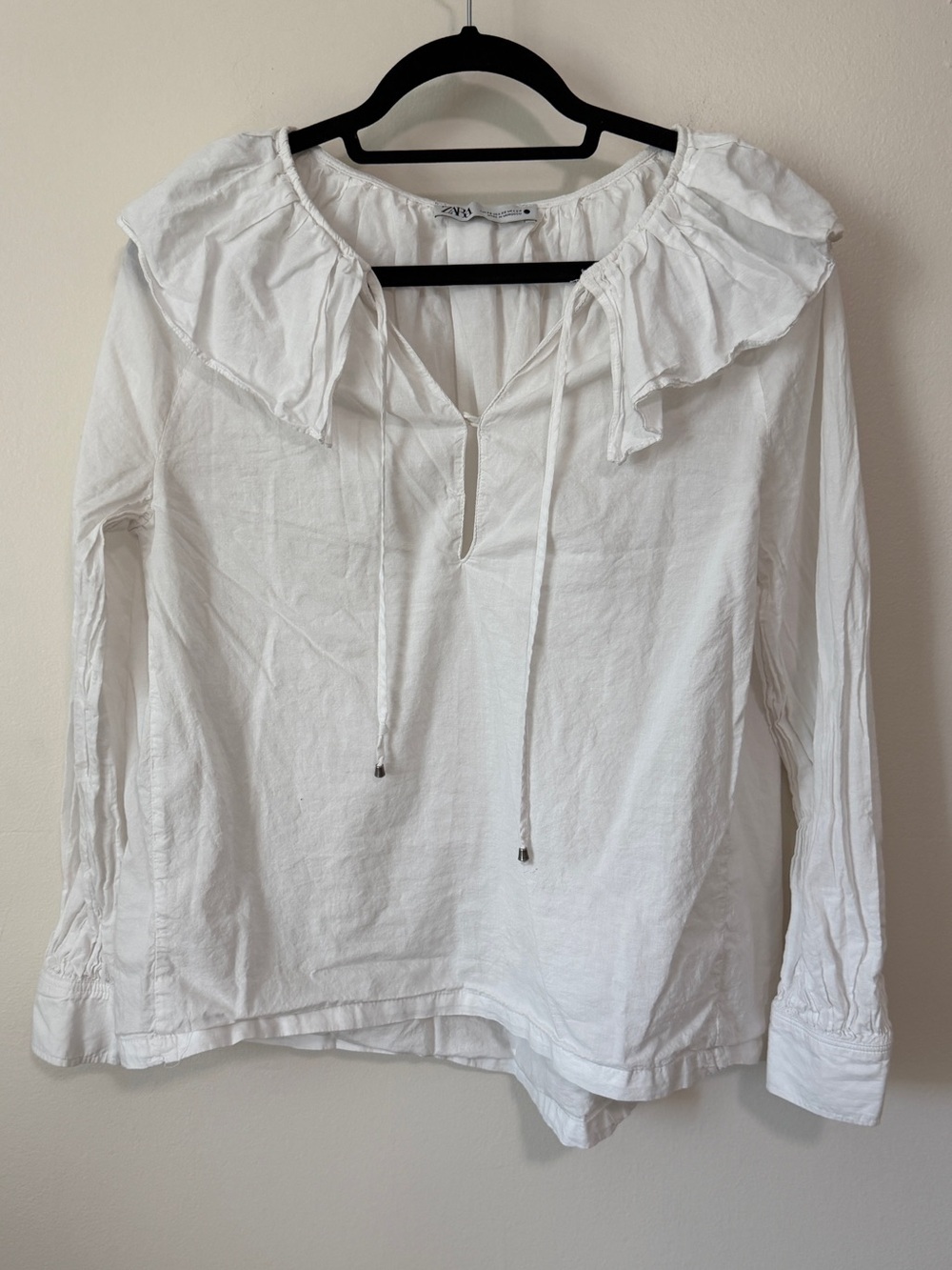 Zara peter pan peasant collar white tie blouse 100% cotton fits XS/S